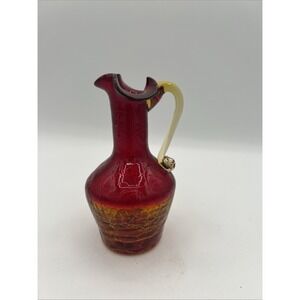 Vintage Kanawha Glass Co. Amberina Crackle Jug/Pitcher 🔥🧡 – Yellow Handle!